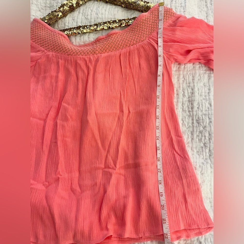 Lilly Pulitzer Off the Shoulder Katya Top Hot Coral Gold Stitching Sz Small - Picture 9 of 9